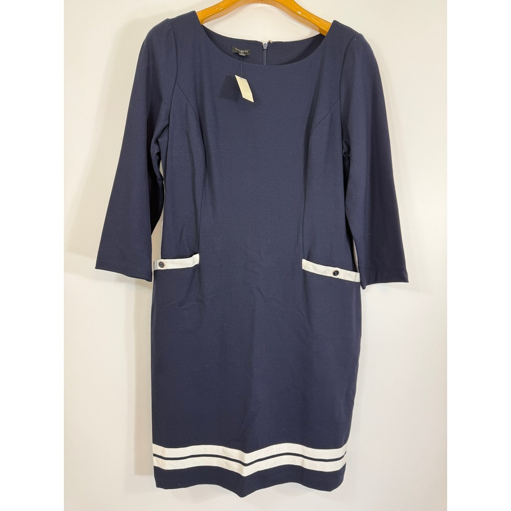 NWT Talbots Navy Blue Dress 14 PETITE (14P) Ivory Stripe Ponte Knit Sheath Cute!